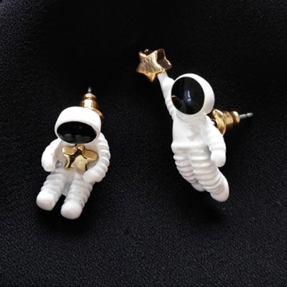 Astronauts Stud Earrings Asymmetric Black and White Minimalist Small